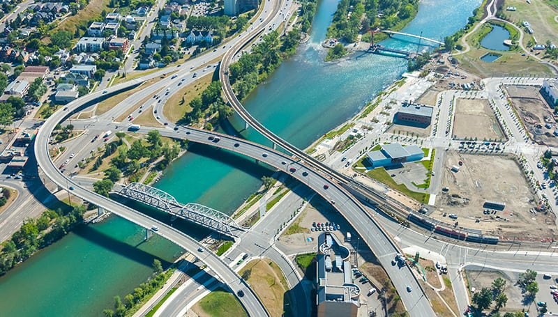 The Bow River in Calgary from overhead