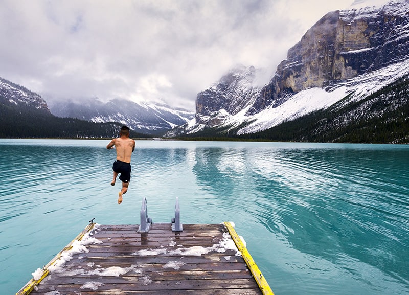 A polar dip in a mountain lake near Jasper, Alberta.