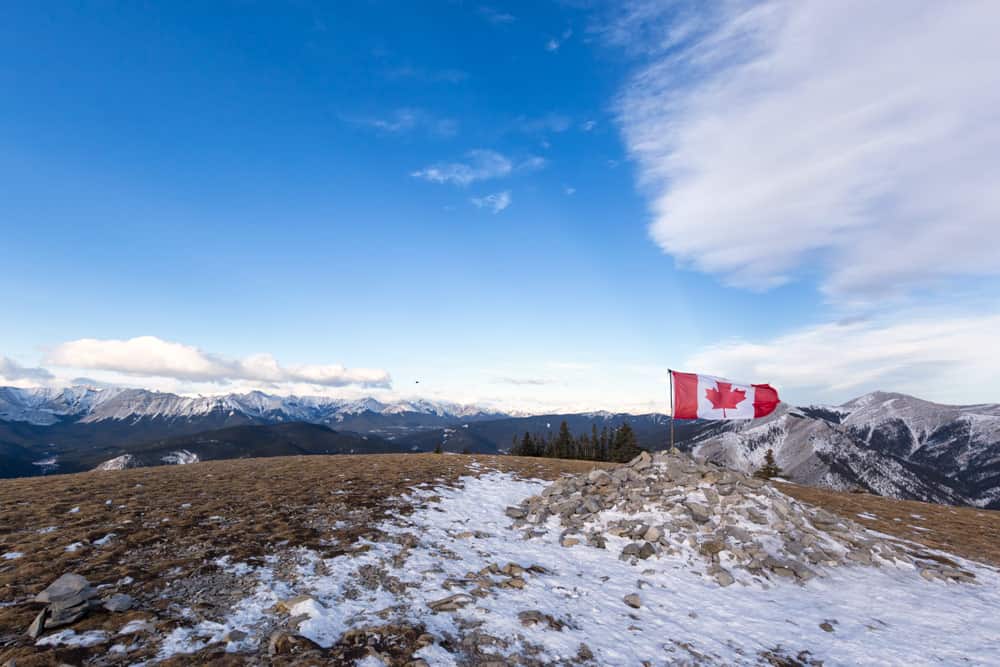 On top of the peak of Prairie Mountain, a popular hike in Alberta.