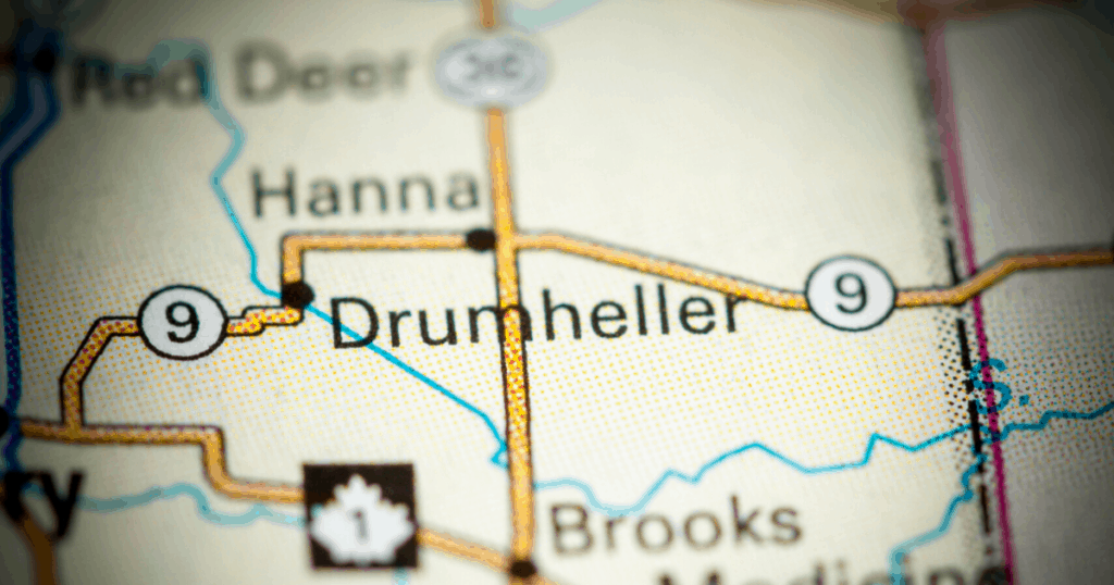 Alberta map featuring Drumheller and highway 9