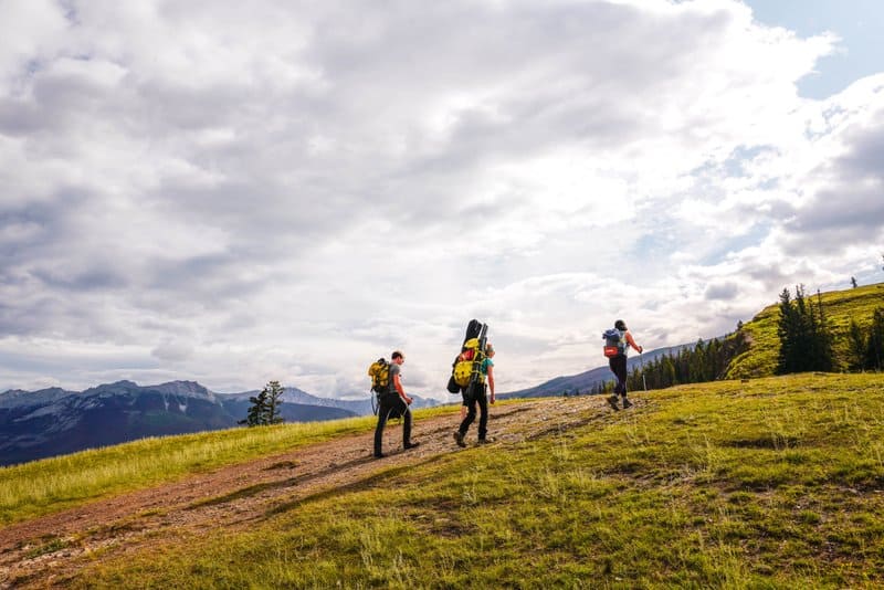 People hiking a mountain in Jasper, Alberta