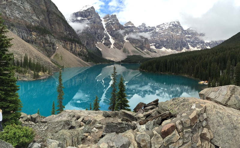 View of Moraine Lake in Banff National Park from the top of a rock pile