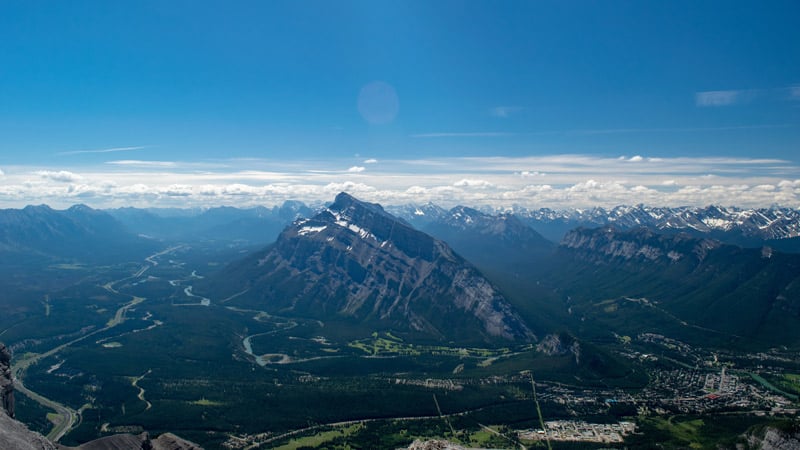 Arial view of the town of Banff and Mount Rundle