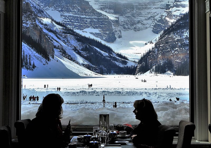 View from restaurant in Chateau Lake Louise in Banff National Park.