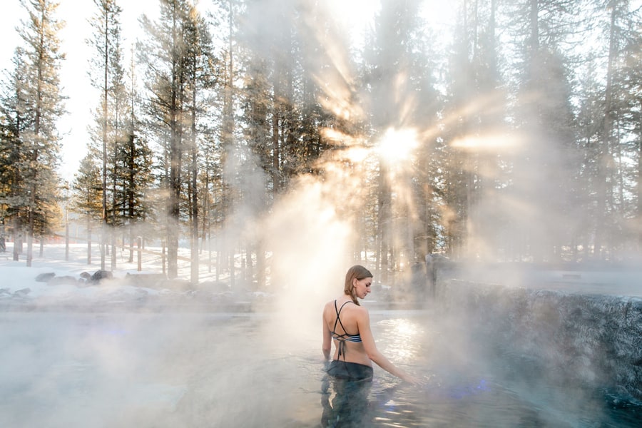 The steam rises from the Kananaskis Nordic Spa