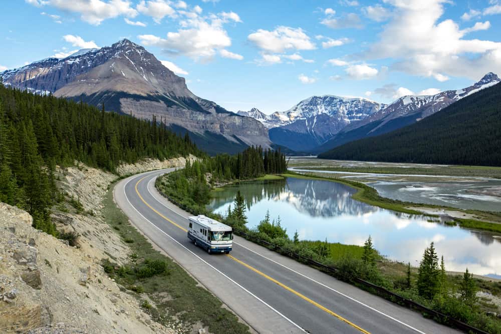 An RV on the Icefields Parkway