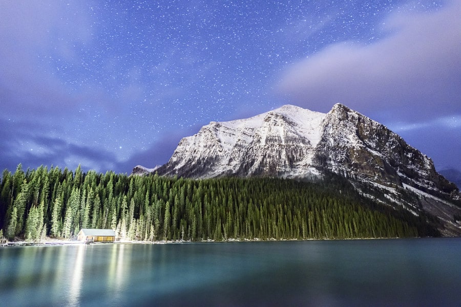 A photo of Lake Louise at Night in Banff National Park.