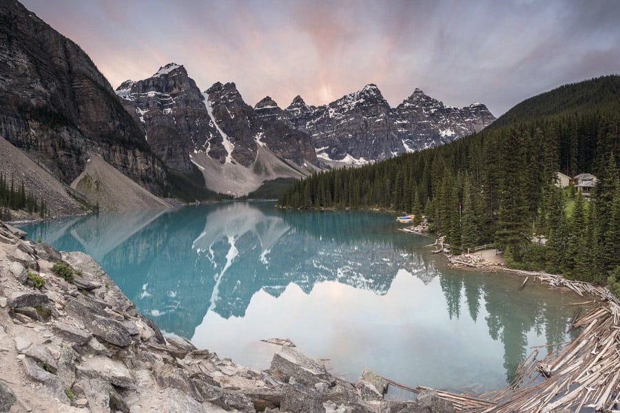 A photo of Maligne Lake at Sunrise in Banff National Park.