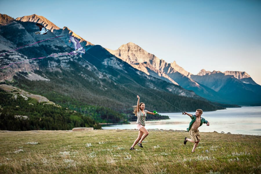 Kids Playing with Kites in Waterton