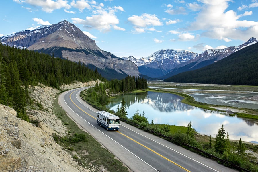 RV driving on Icefields Parkway