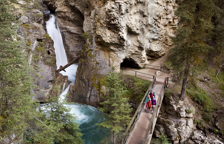 The rushing water of Johnston Canyon Falls in Banff National Park is a reason this is one of the most popular waterfalls in Alberta.