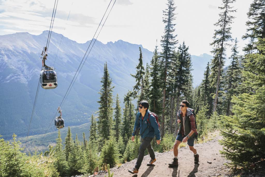 Hikers and the Banff Gondola on Sulphur Mountain