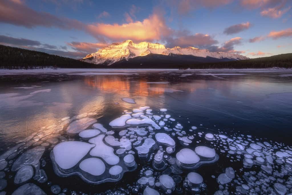 Ice bubbles on the surface of Lake Minnewanka