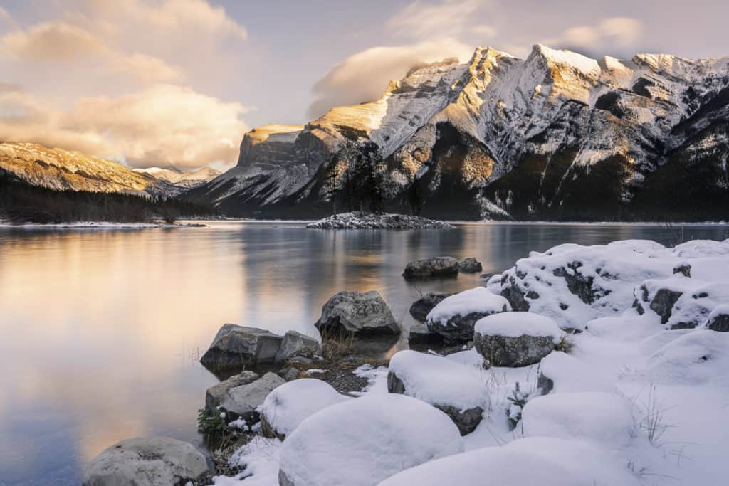 Early morning at Lake Minnewanka after snowfall