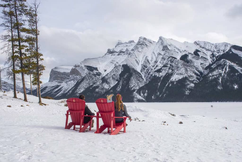 Red Chairs in Winter at Lake Minnewanka
