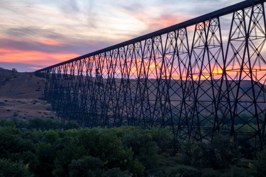 Train bridge in Lethbrige at sunset