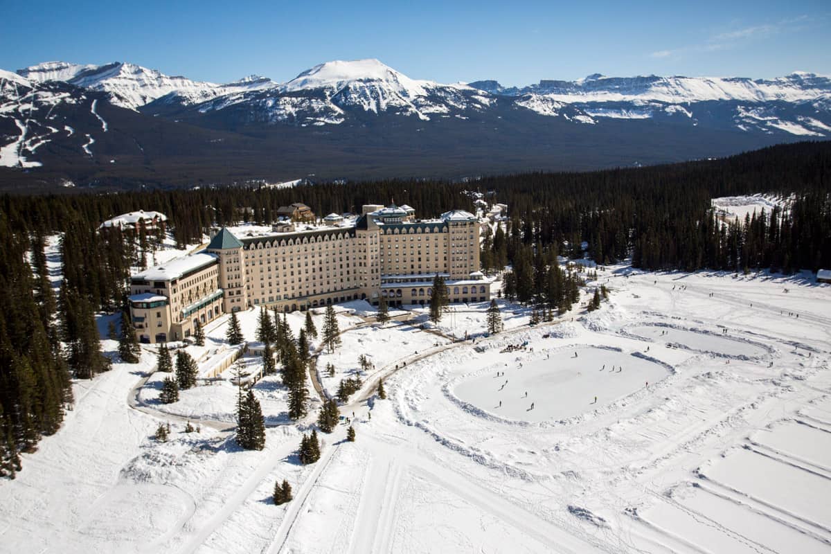 An aerial view of the Fairmont Chateau Lake Louise
