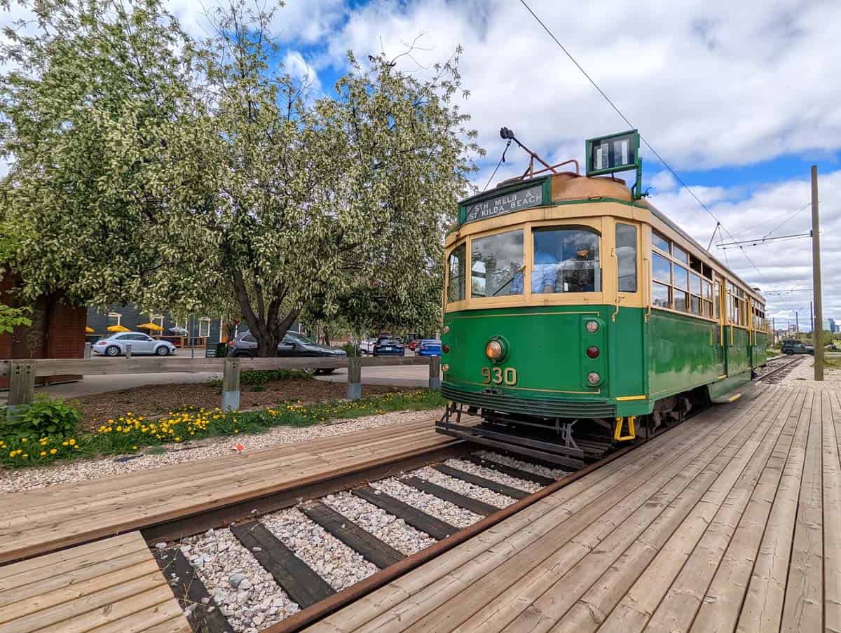 An old streetcar at the Whyte Avenue stop in Edmonton