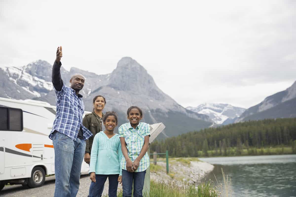 A family and their RV near Canmore