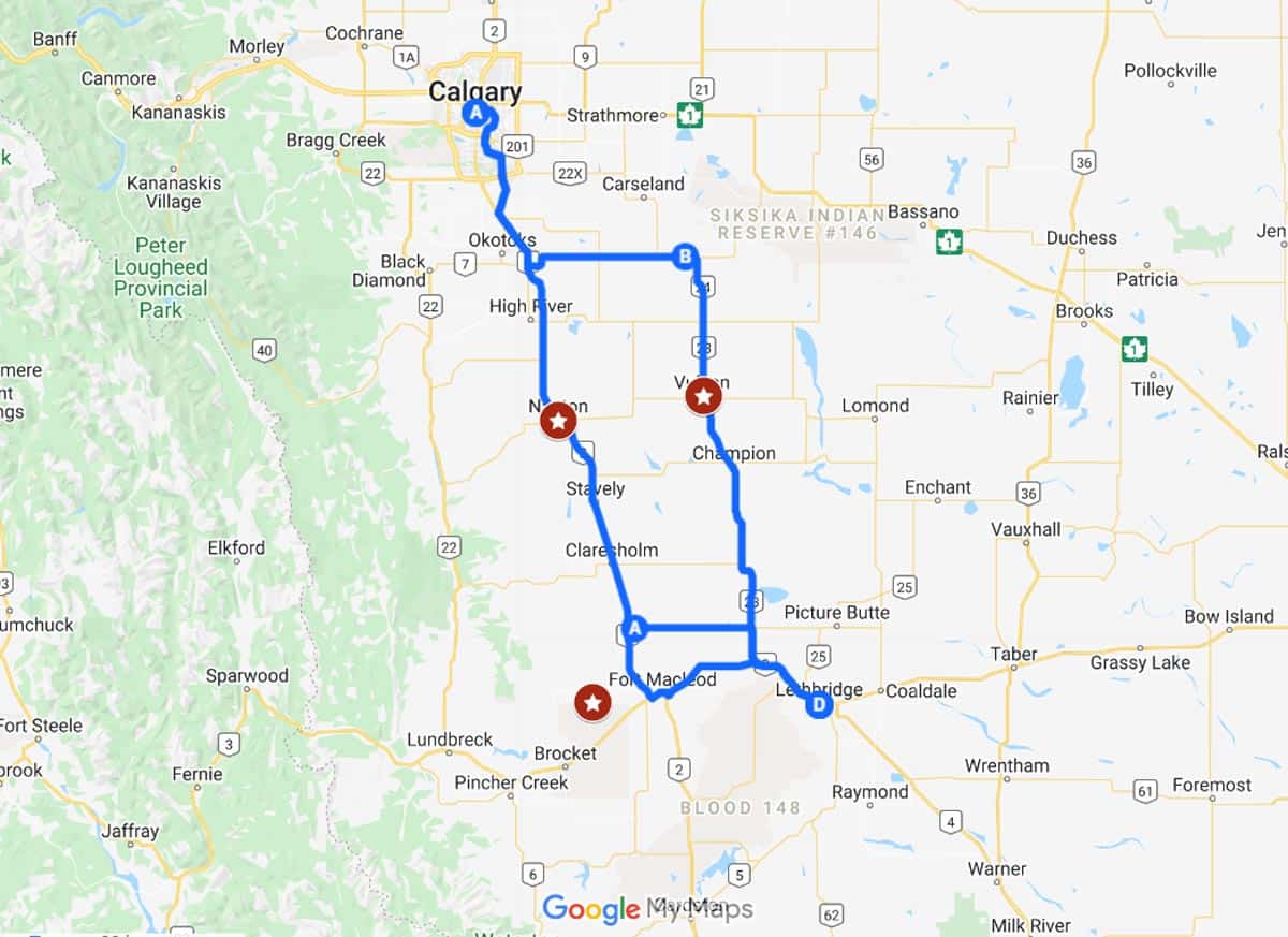 Calgary to Lethbridge Route Map