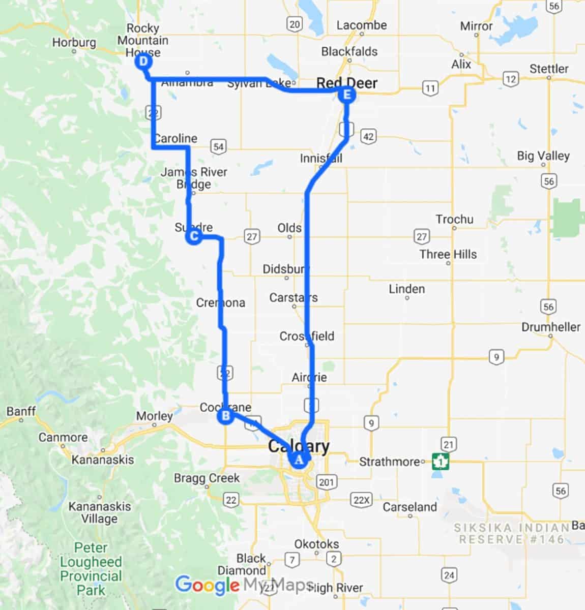 Calgary to Red route map