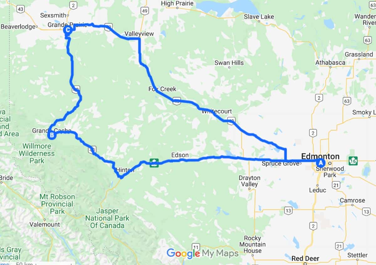 Edmonton to Grande Prairie route map