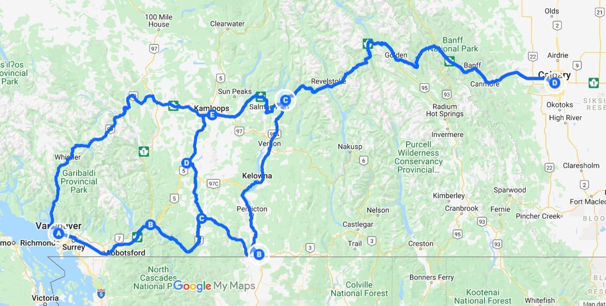 Vancouver to Calgary Route Guide Map