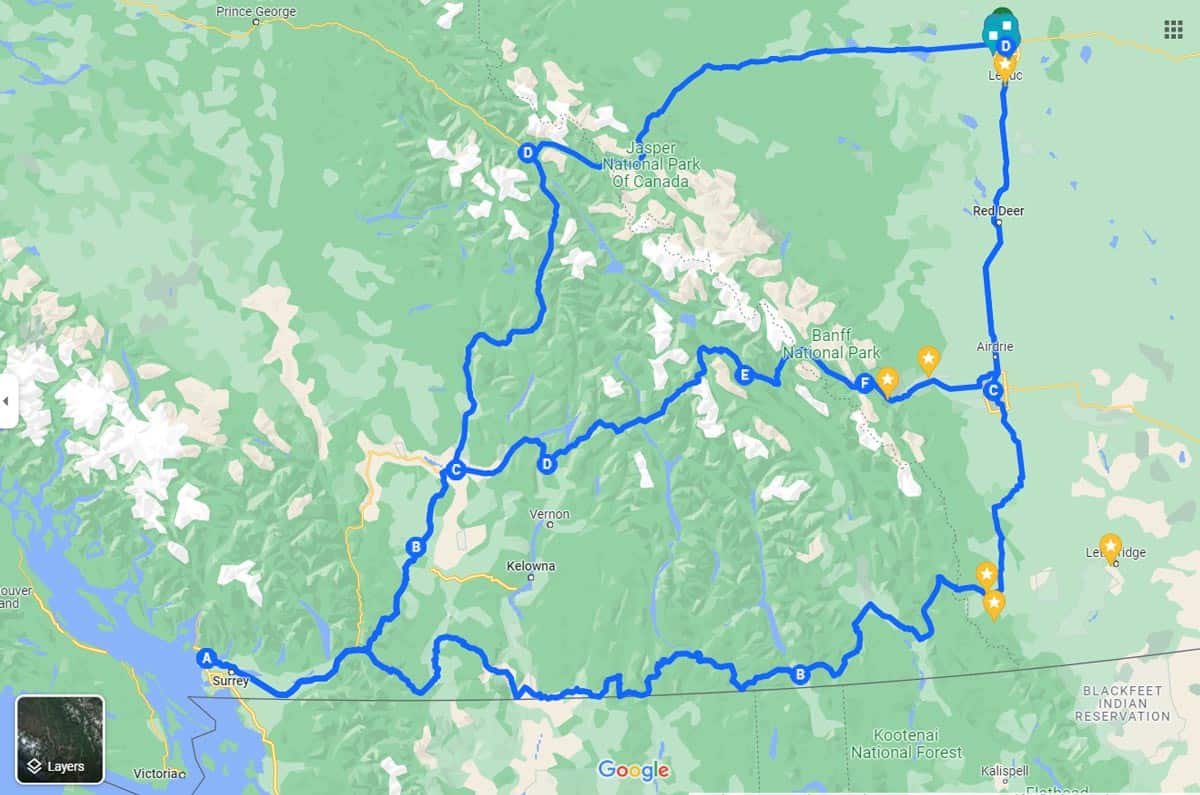 Vancouver to Edmonton route map