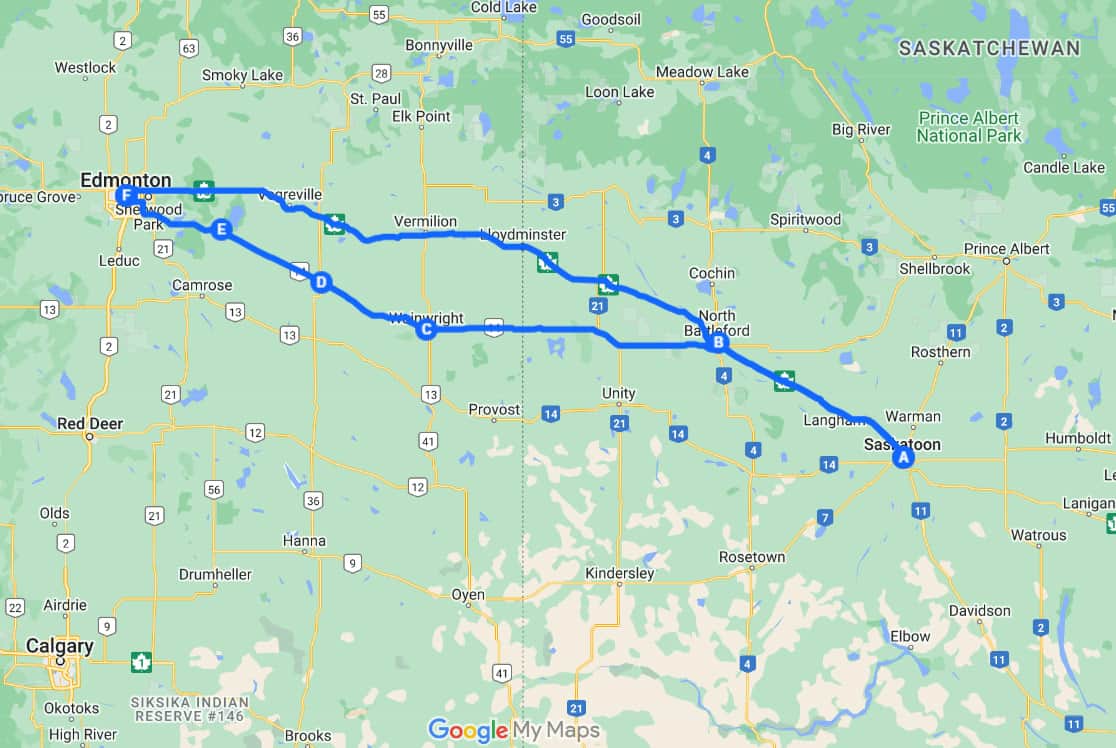 Saskatoon-to-Edmonton-Map