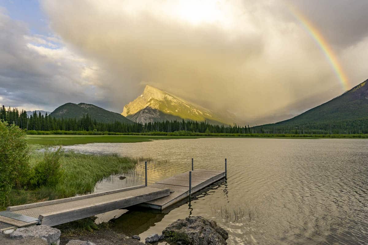 A rainbow over Vermillion Lakes in Banff National Park