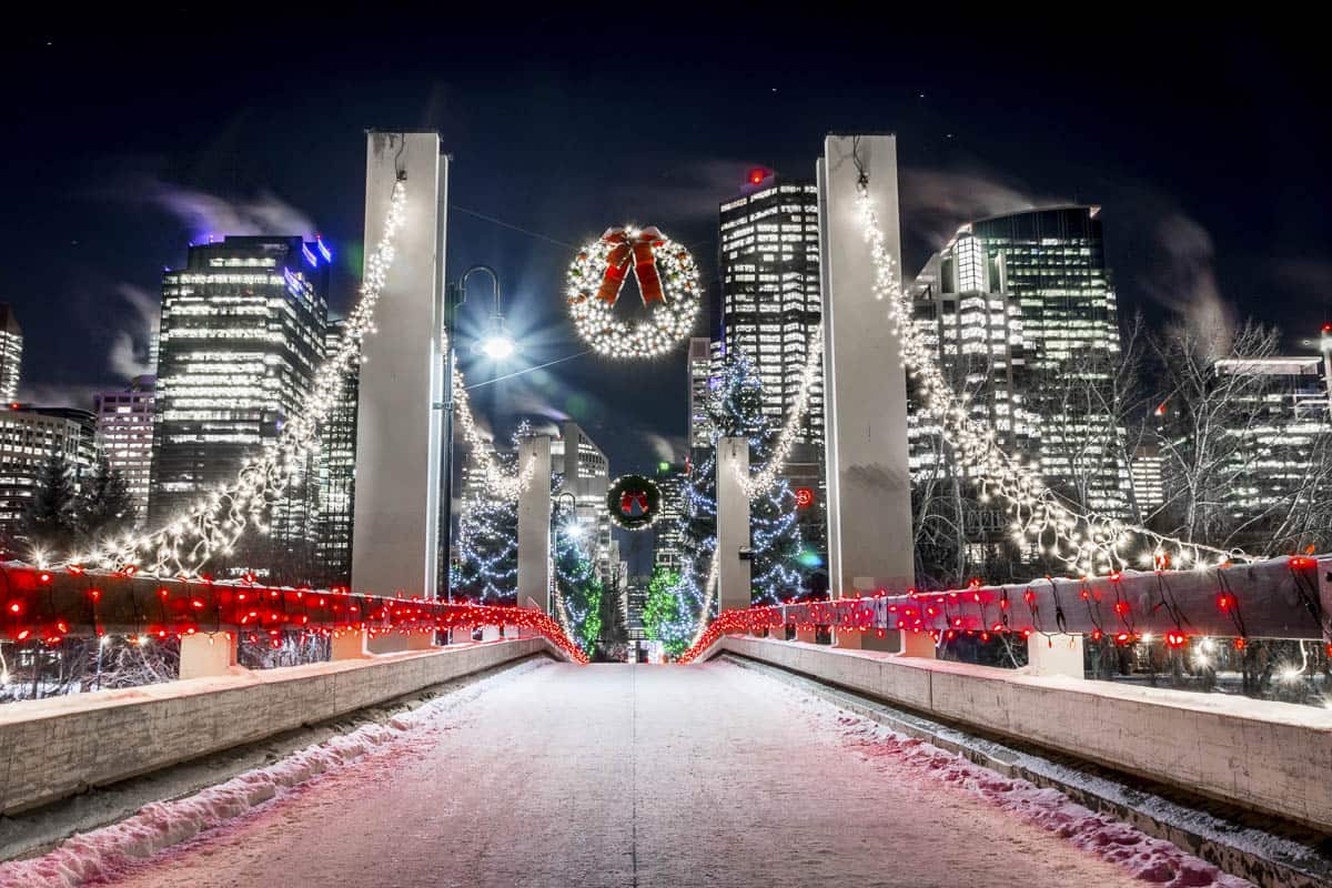 Christmas lights decorate the Jaipur Bridge in Calgary, Alberta