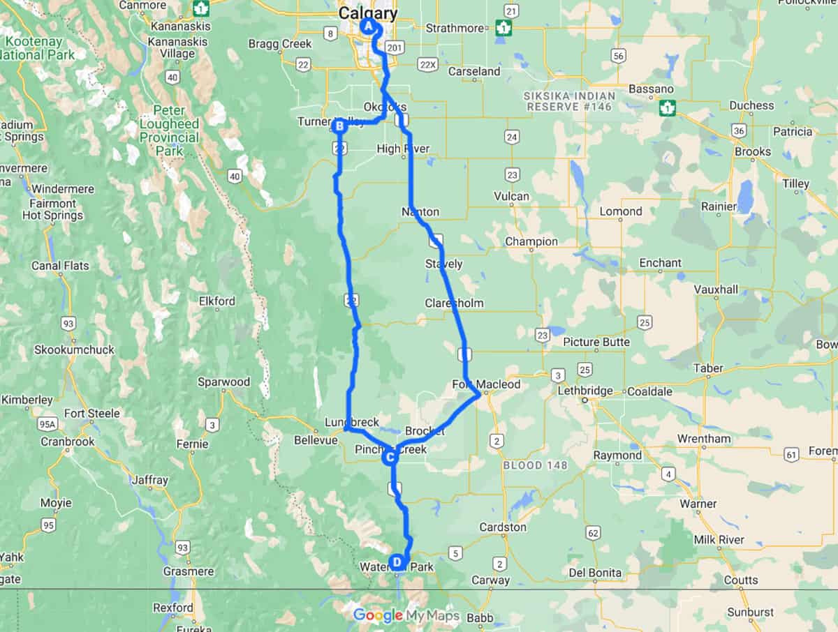 Calgary to Waterton Route Map
