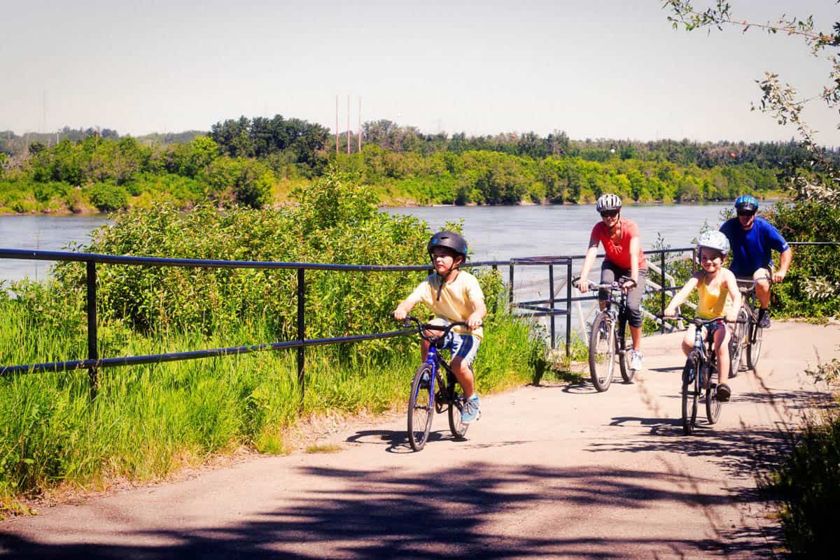 A family biking in Fort Saskatchewan