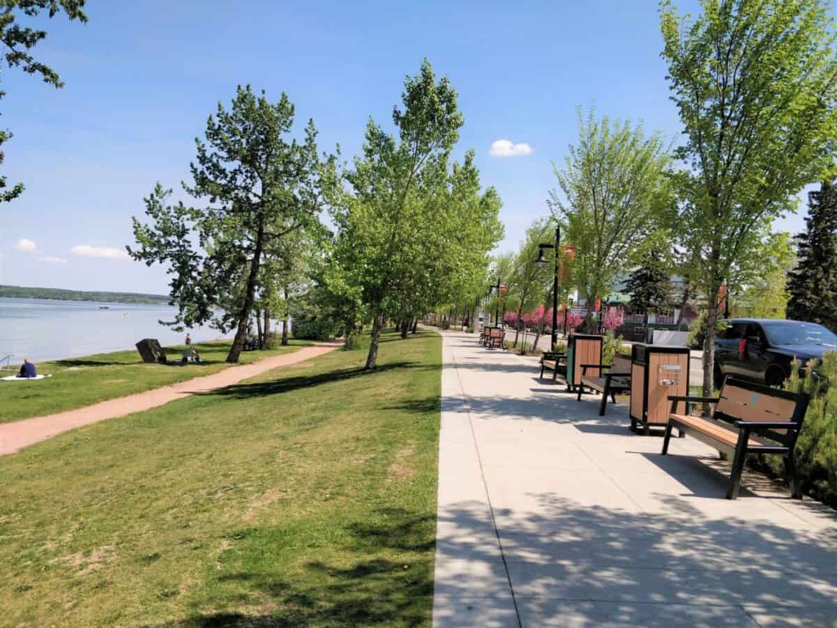 The boardwalk at Sylvan Lake on a sunny day.
