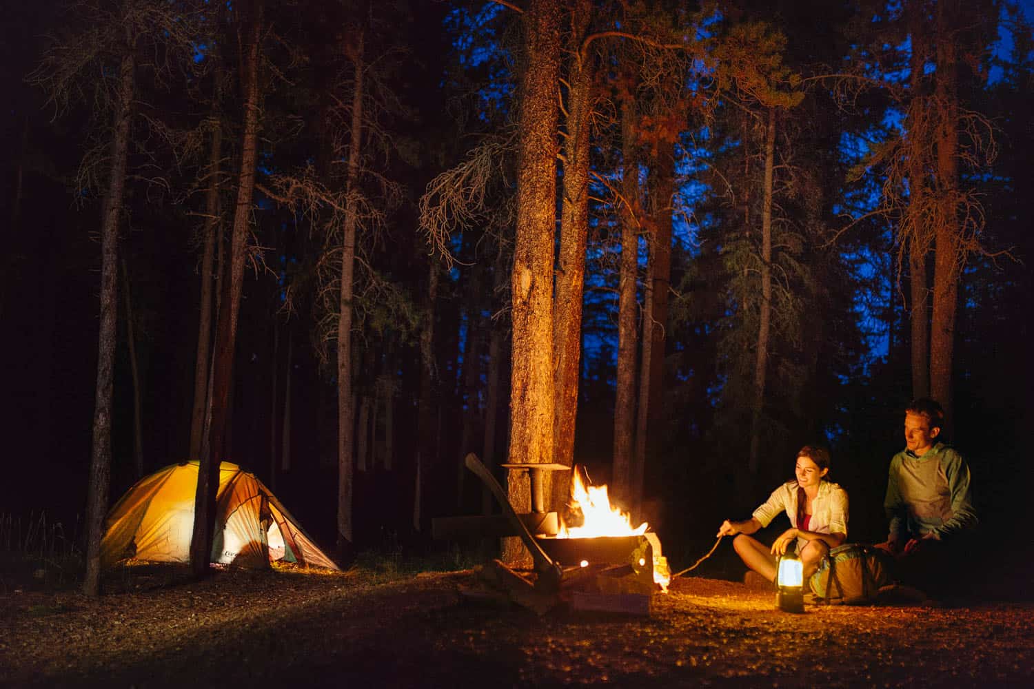 Tent camping at night